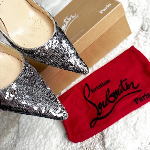 Christian louboutin sequin DECOLTISSIMO 100 SILVER PAILLETTES pointed toe heel - Picture 14 of 14